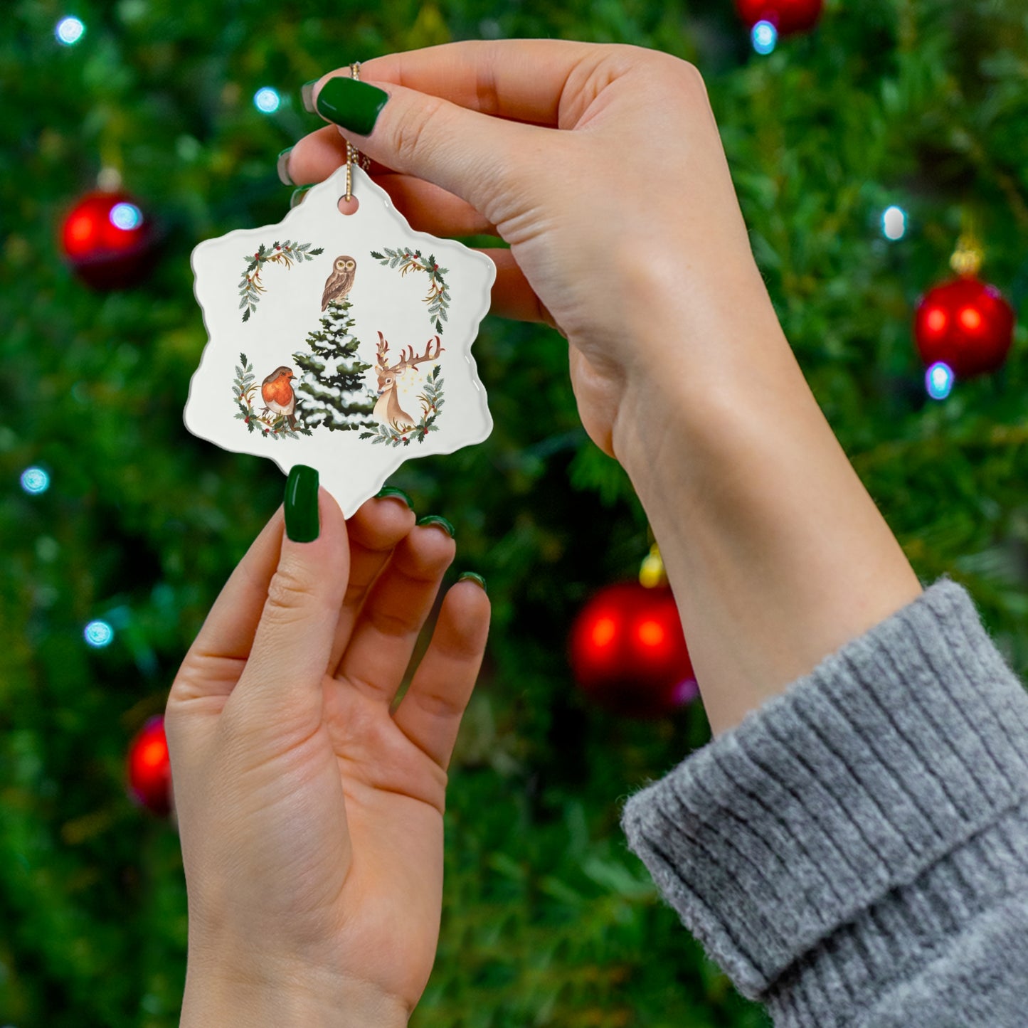 Winter Tree With Cute Animals - Ceramic Ornament, 3 Shapes