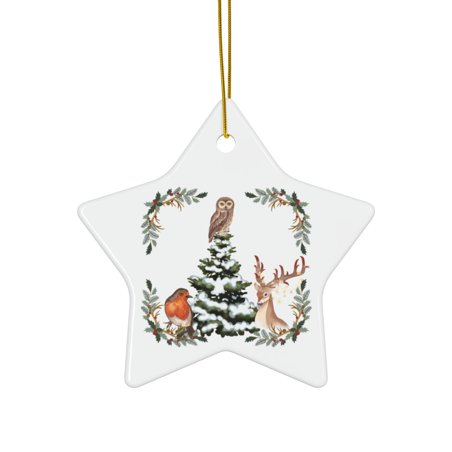 Winter Tree With Cute Animals - Ceramic Ornament, 3 Shapes