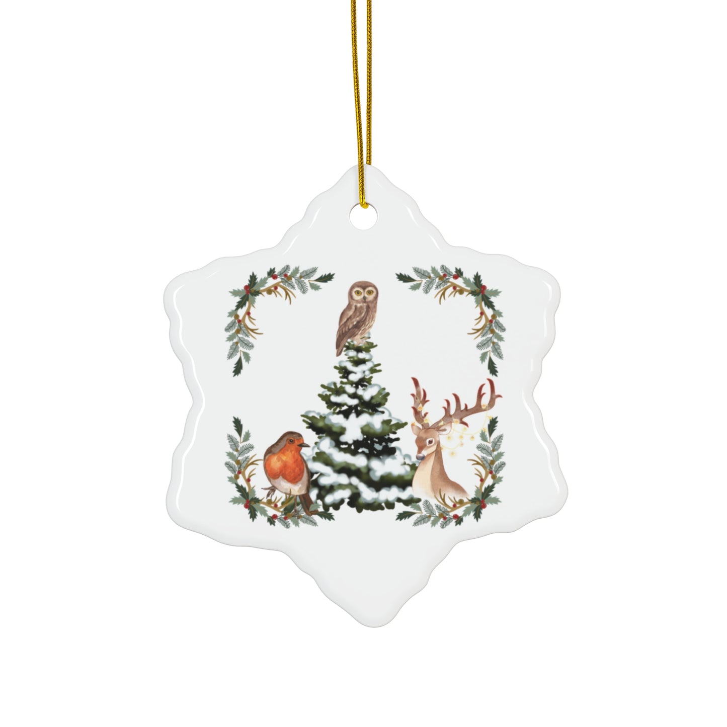 Winter Tree With Cute Animals - Ceramic Ornament, 3 Shapes