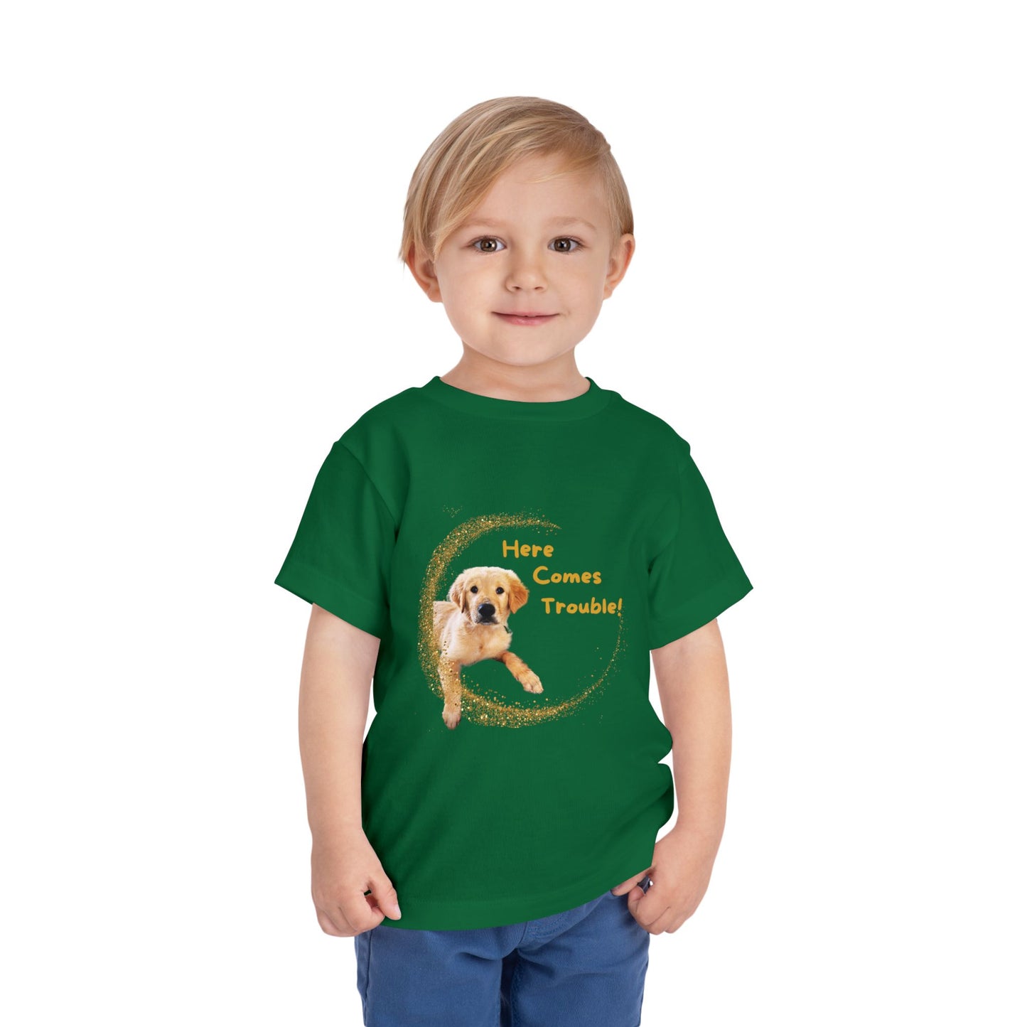 Here Comes Trouble - Toddler Tee - Golden Retriever Puppy