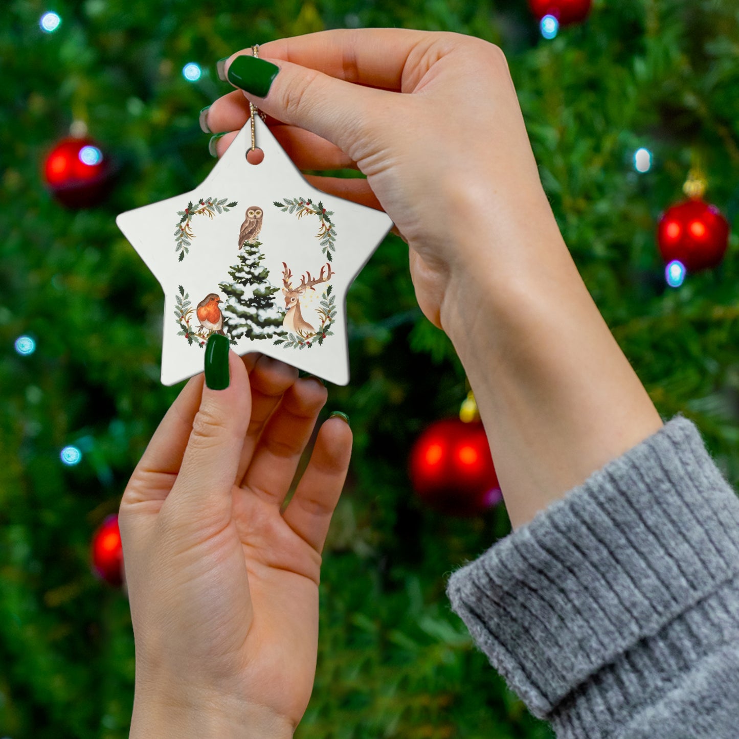 Winter Tree With Cute Animals - Ceramic Ornament, 3 Shapes