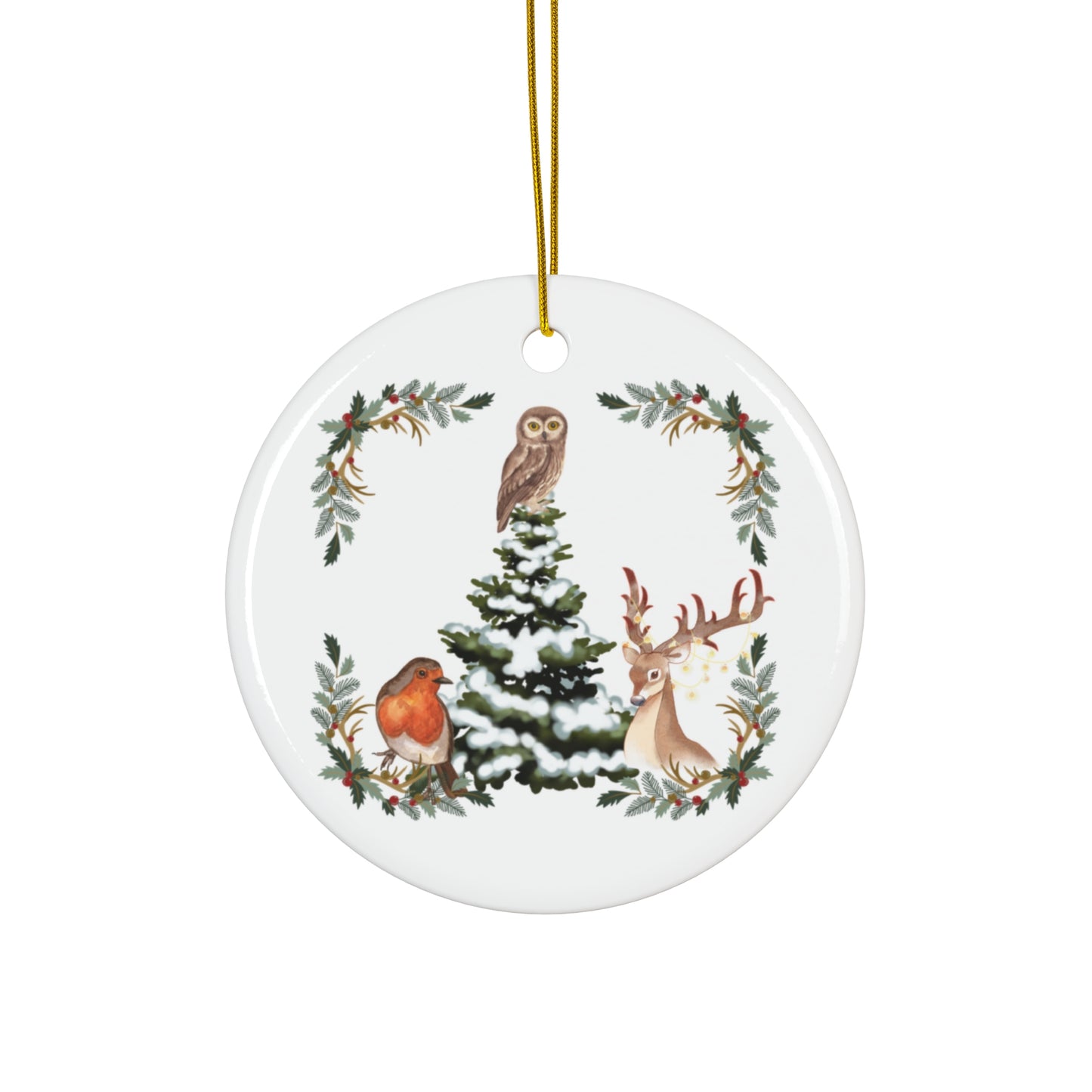 Winter Tree With Cute Animals - Ceramic Ornament, 3 Shapes